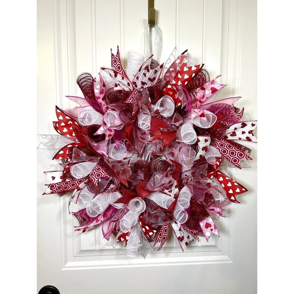 Handmade 22” Valentine’s Day Ribbon Mesh Wreath Hearts in Red & Pink w23